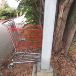 shopping cart abandoned at university building