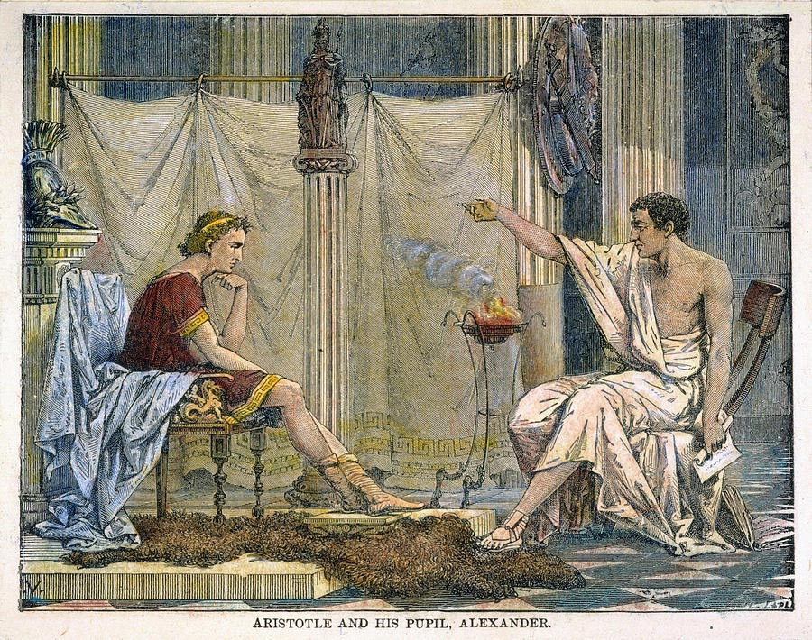 Engraving of Alexander the Great being taught by Aristotle