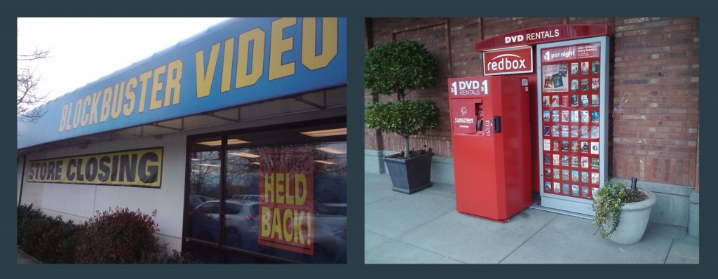 Blockbuster going out of business signage next to new company redbox DVD rentals